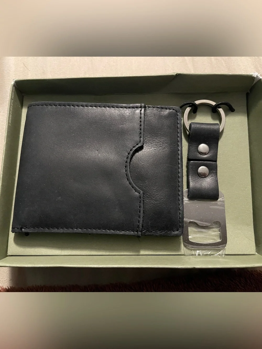Black Leather Bi-Fold Wallet with Keychain Bottle Opener